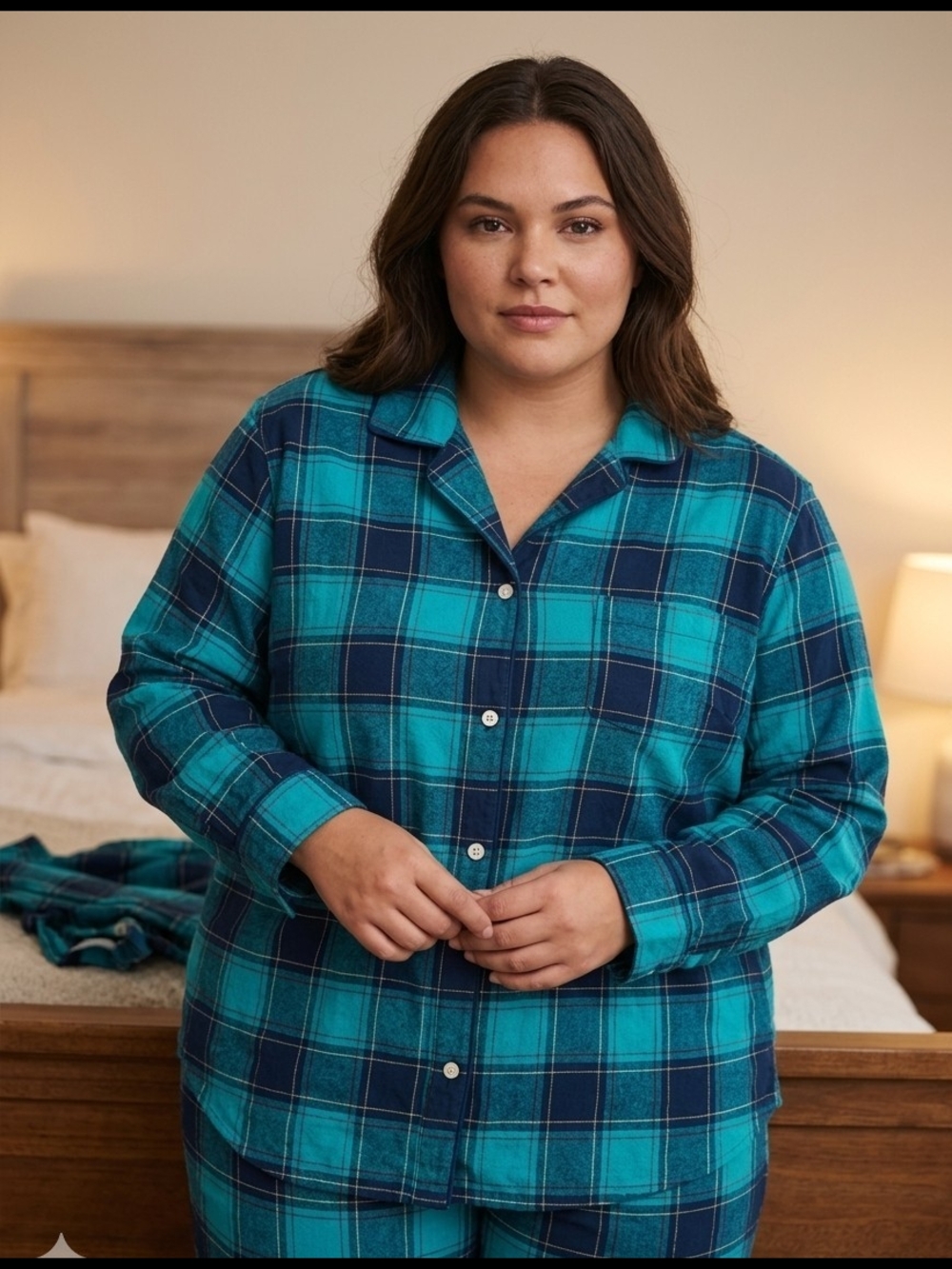 Plus-Size Teal & Navy Plaid Button-Up Pajama Top
